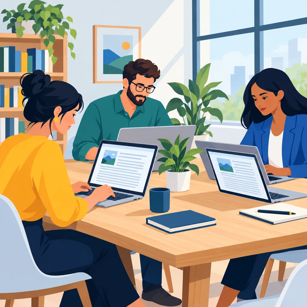 Startup marketing team reviewing articles produced by an article writer