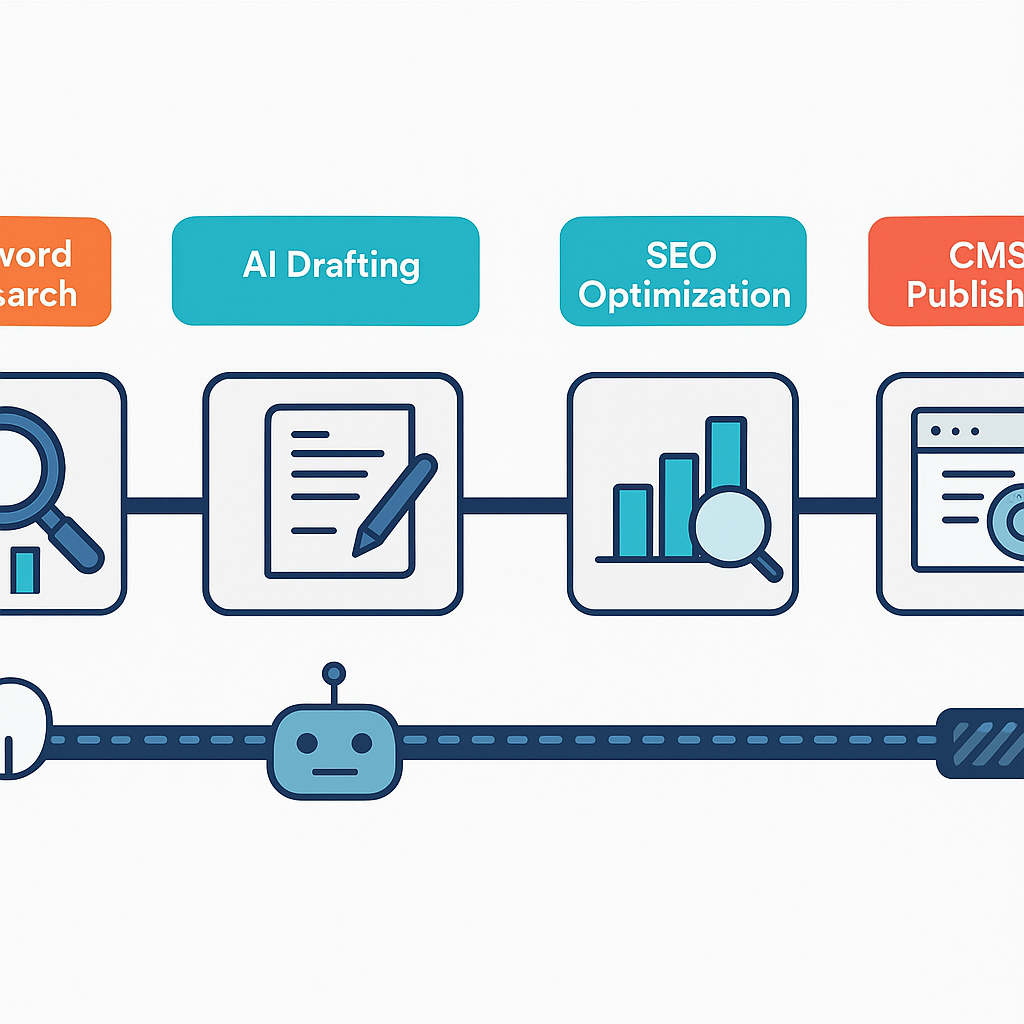 B2B SaaS content workflow infographic showing which AI writing assistant tools handle each stage from keyword research to AI search citation in 2026