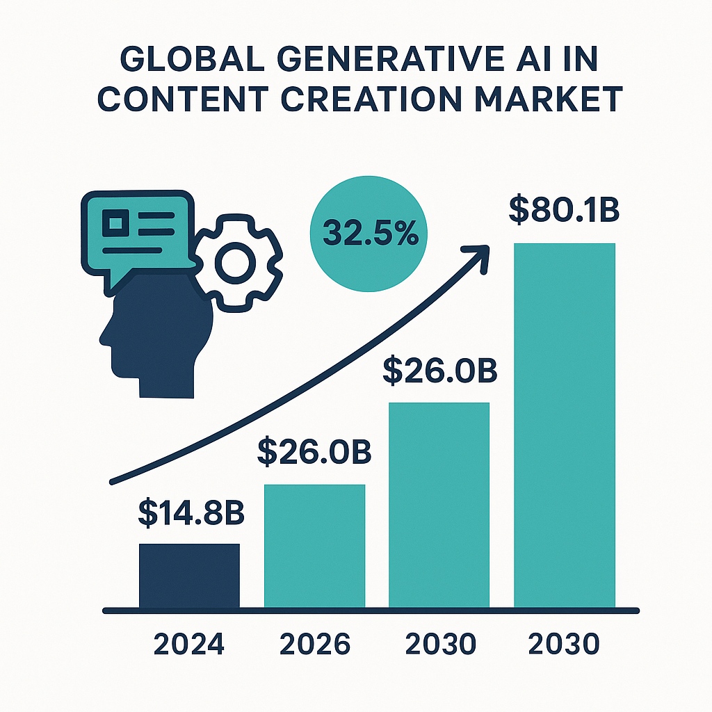 Infographic showing generative AI content creation market growth from 2024 to 2030 at 32.5% CAGR