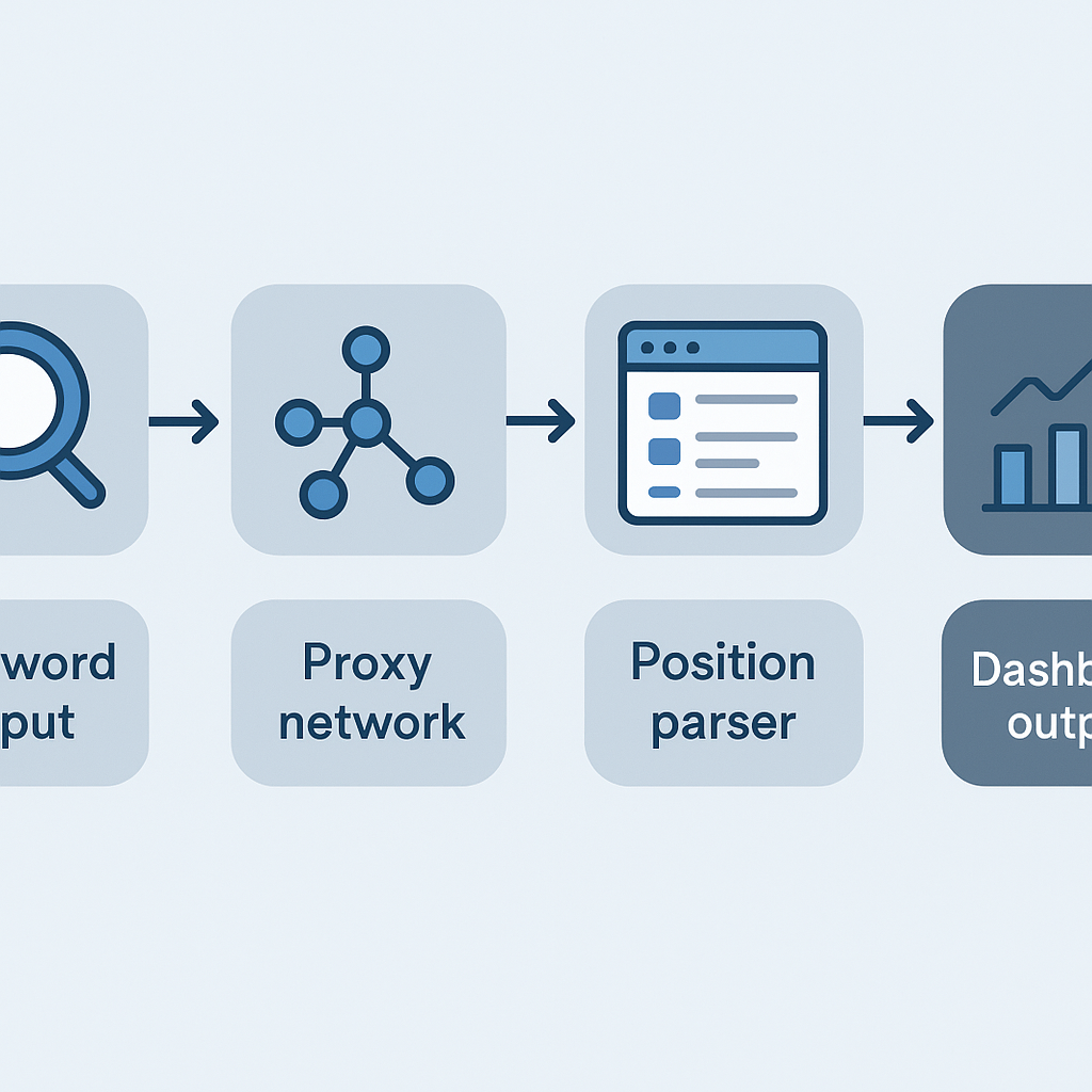Infographic showing the data collection flow of rank tracking tools from keyword input through proxy scraping to dashboard reporting