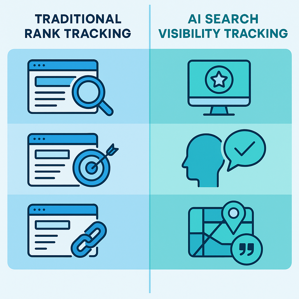 Side-by-side comparison infographic of traditional rank tracking metrics versus AI search visibility metrics in 2026