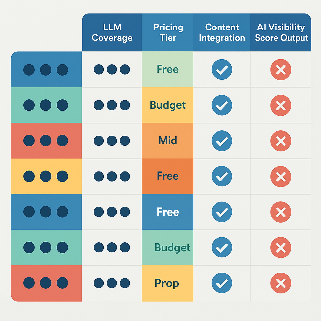 Comparison chart of 9 AI visibility tracking tools ranked by LLM coverage, pricing, and features in 2026