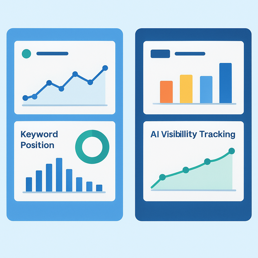 Side-by-side comparison infographic of traditional SEO rank tracking dashboard versus AI search visibility tracking dashboard