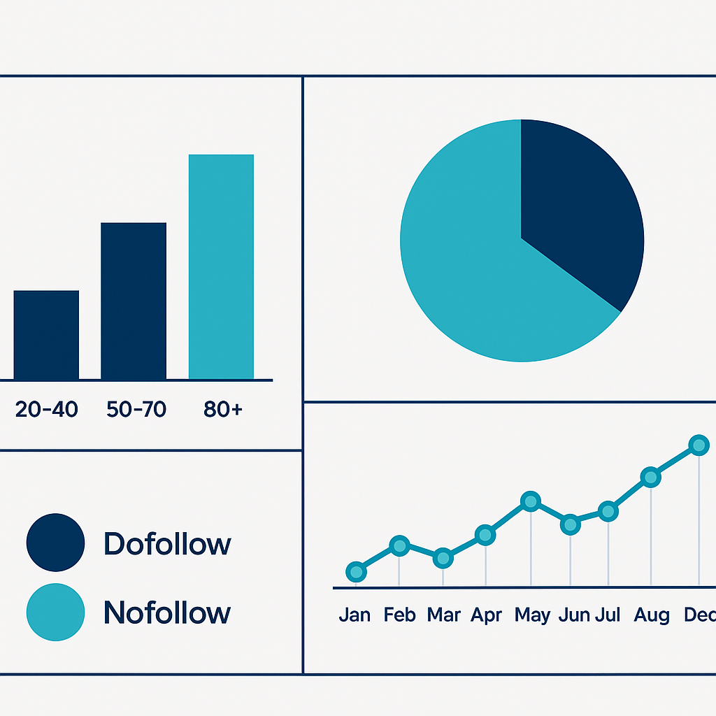 backlink profile audit dashboard showing domain authority distribution, dofollow ratio, and link velocity chart