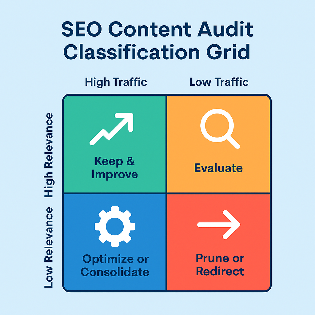 2x2 matrix infographic for classifying content pages during an SEO content audit by traffic and relevance