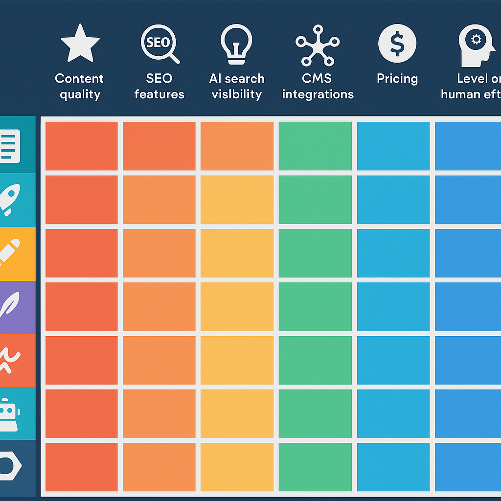comparison matrix of 8 Jasper AI alternatives evaluated across SEO, AI visibility, CMS integrations, pricing, and automation axes