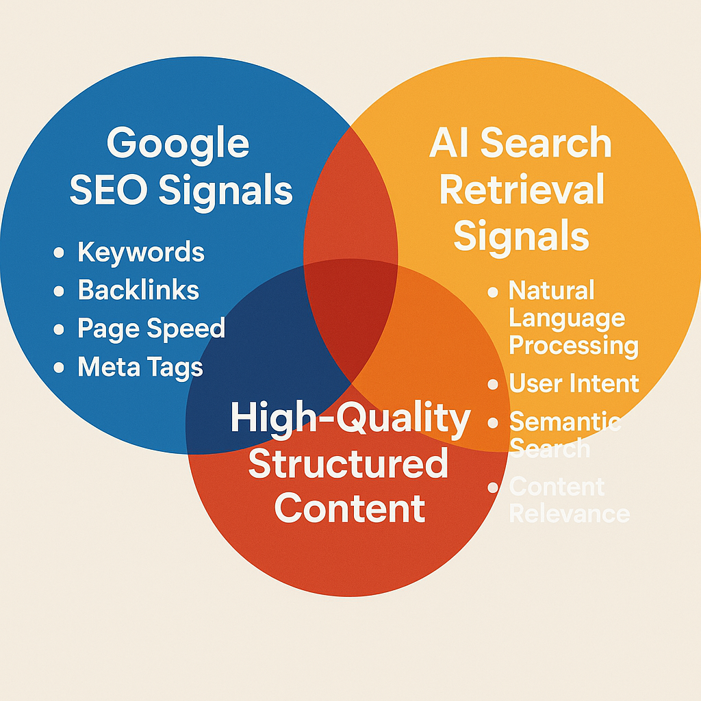 Venn diagram comparing Google SEO ranking signals and AI search retrieval signals for SEO content creation