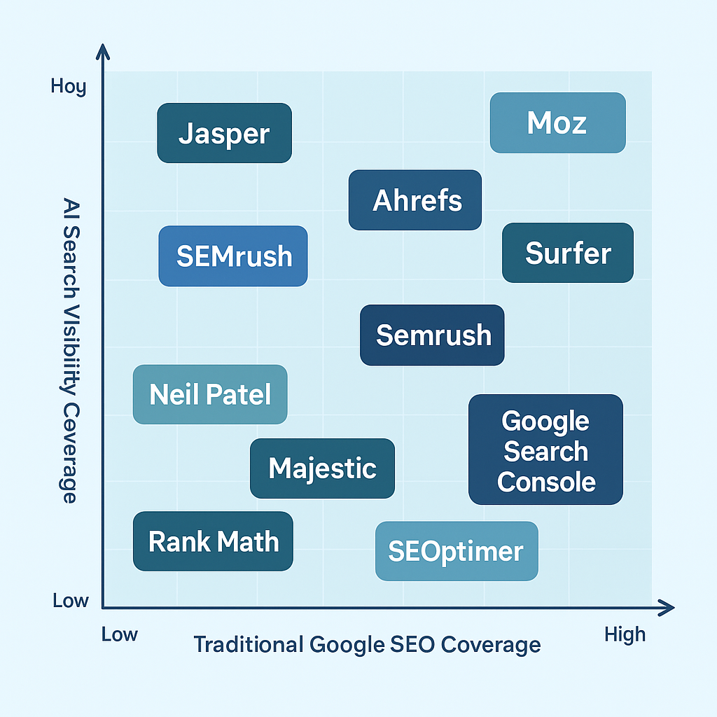 SEO monitoring tools comparison chart showing Google SEO coverage versus AI search visibility coverage for 11 tools in 2026