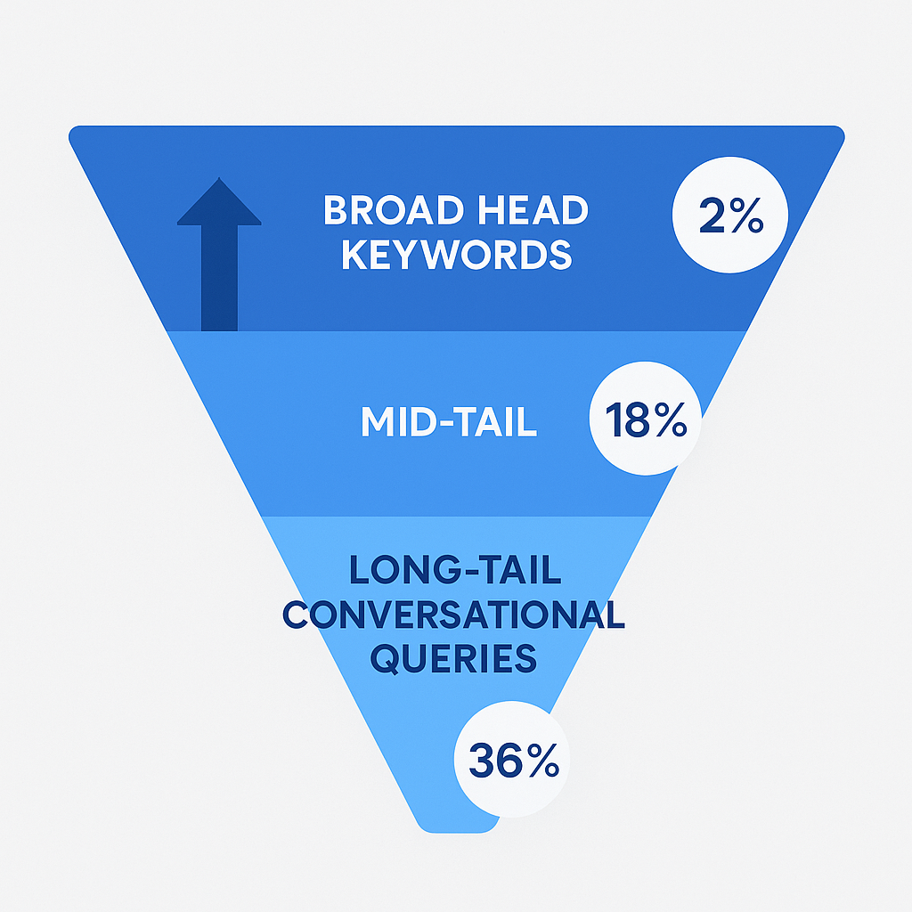 Keyword SEO strategy funnel showing head keywords narrowing to long-tail queries with higher conversion rates