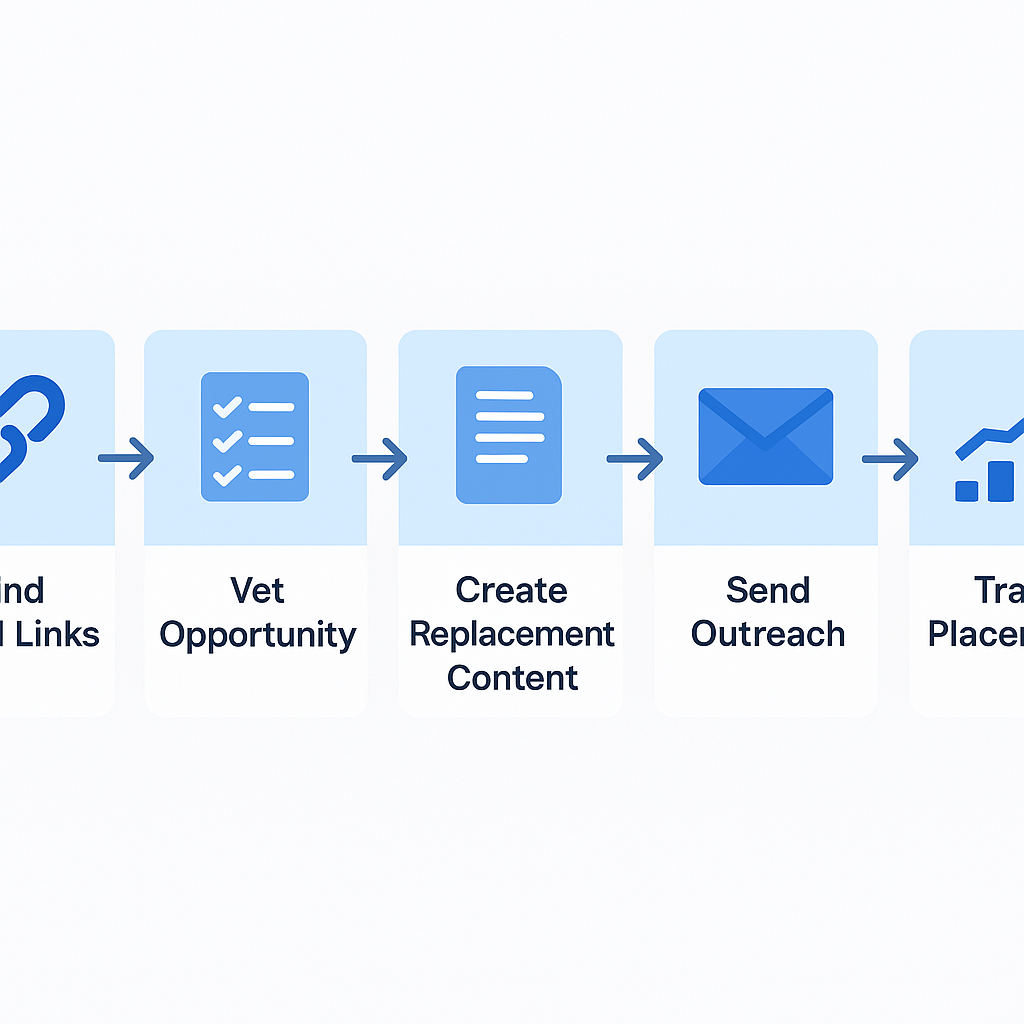 Broken link building workflow infographic showing five stages from finding dead links to tracking placements