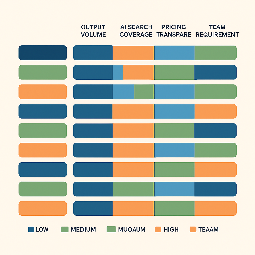 Comparison chart of 10 startup SEO services ranked by output volume, AI search coverage, pricing, and team requirements
