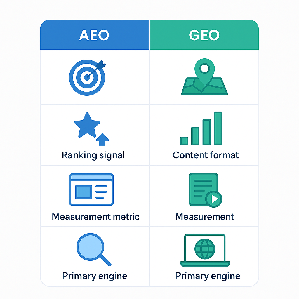 AEO vs GEO comparison chart showing differences across target surface, ranking signals, content format, measurement, and engines