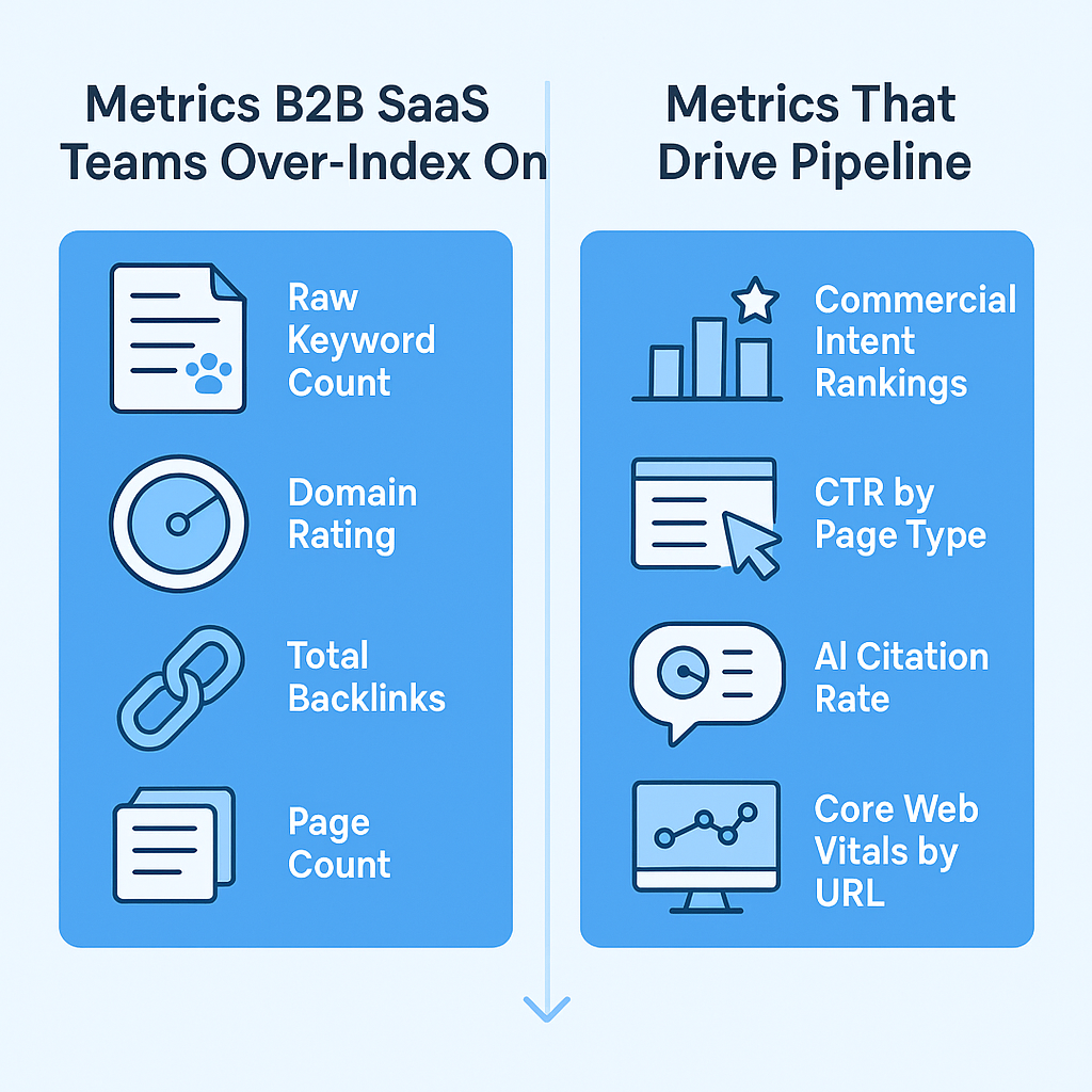 Infographic comparing vanity SEO metrics versus pipeline-driving SEO monitoring metrics for B2B SaaS teams