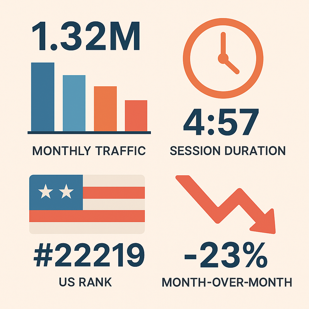 Cambro TV traffic data infographic showing 1.32 million monthly visits, US rank 22219, and session duration statistics