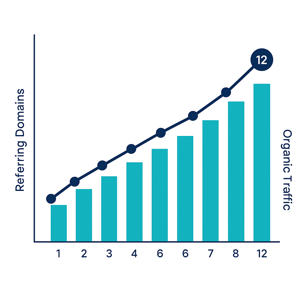 infographic showing how referring domains and organic traffic compound together over 12 months of link building