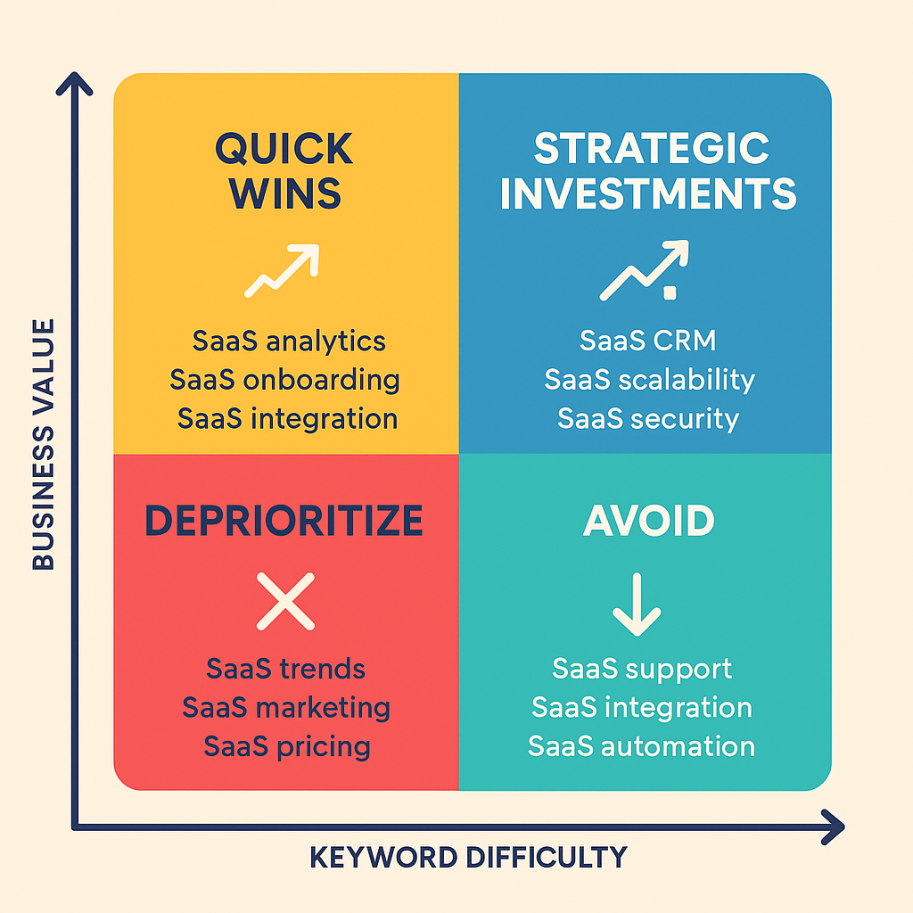Competitive keyword prioritization matrix for B2B SaaS showing four quadrants by difficulty and business value