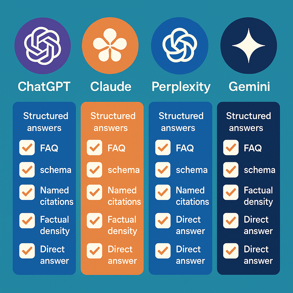 Infographic of content quality signals that influence citations in ChatGPT, Claude, Perplexity, and Gemini AI search engines