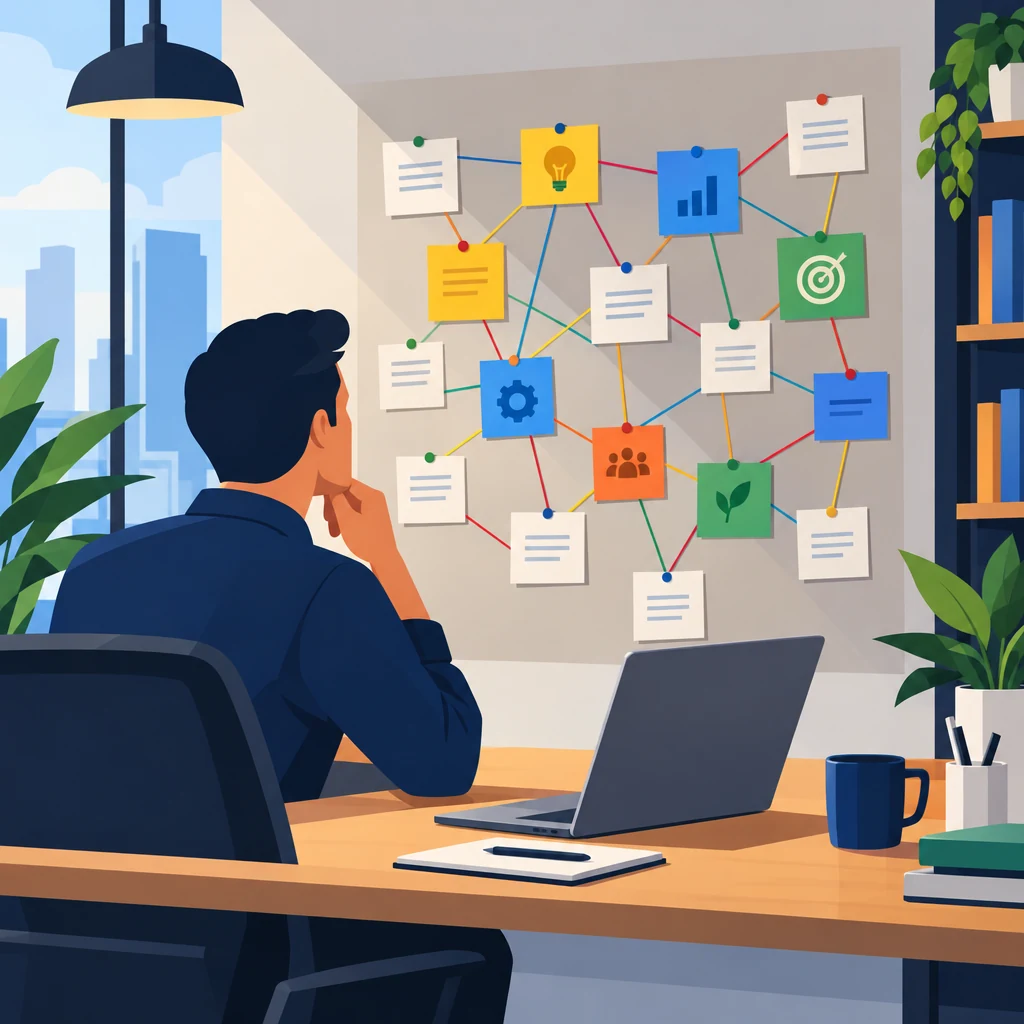 Founder mapping connected concepts on a wall, illustrating entity-based SEO relationships