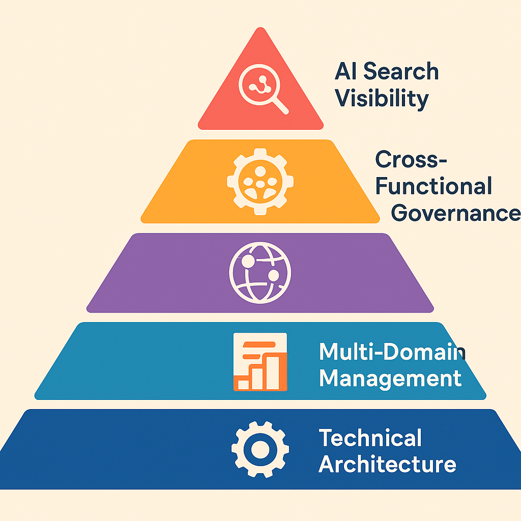 Infographic showing five structural layers of enterprise SEO from technical architecture to AI search visibility