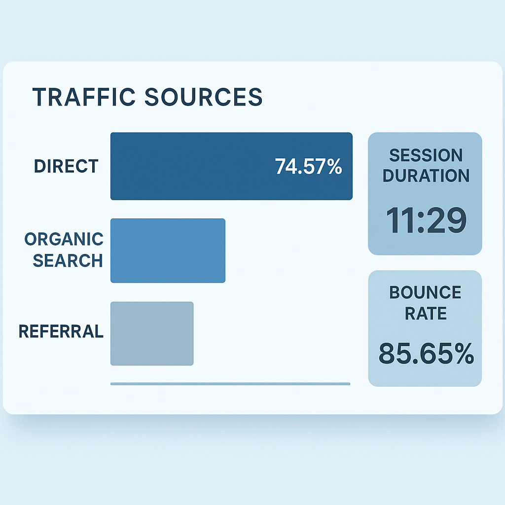 Infographic showing anonib.pk traffic breakdown: 74.57% direct traffic, 11:29 average session duration, 85.65% bounce rate