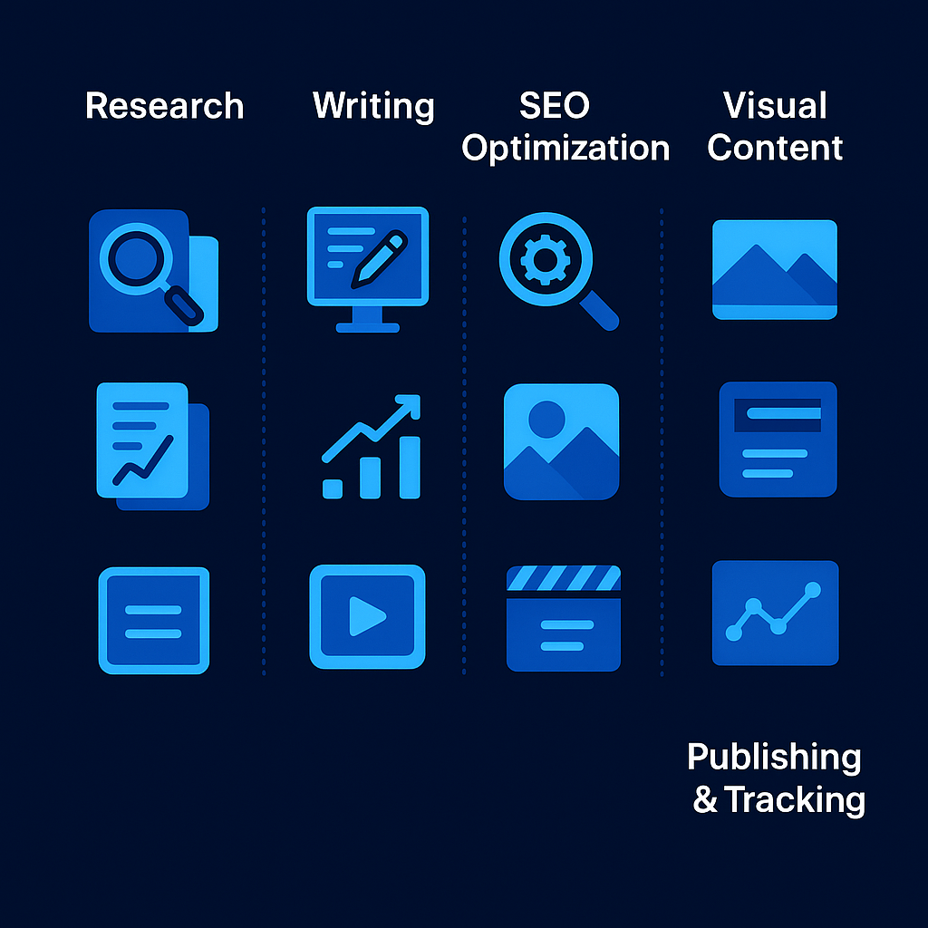 Infographic mapping 14 AI tools for content creation across workflow stages including research, writing, SEO, visual, video, and publishing