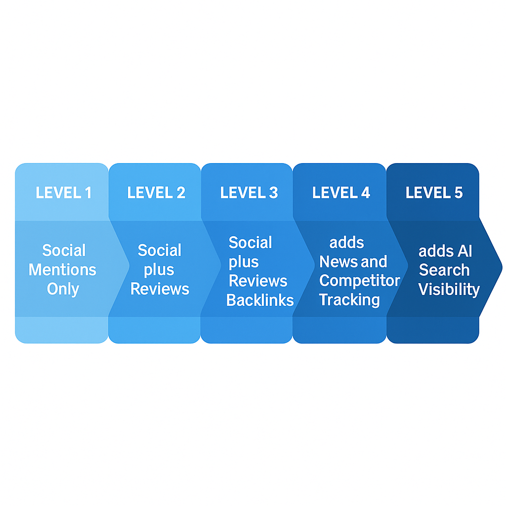 brand monitoring maturity model showing five levels from social mentions to AI search visibility tracking