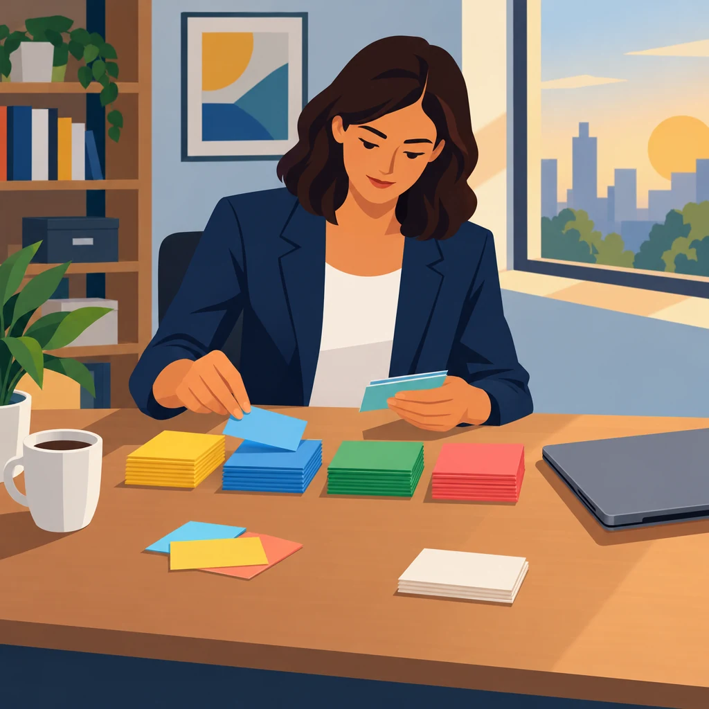 A content strategist at a quiet desk sorting colored index cards into separate piles, laptop closed beside them, coffee cup, calm late afternoon light