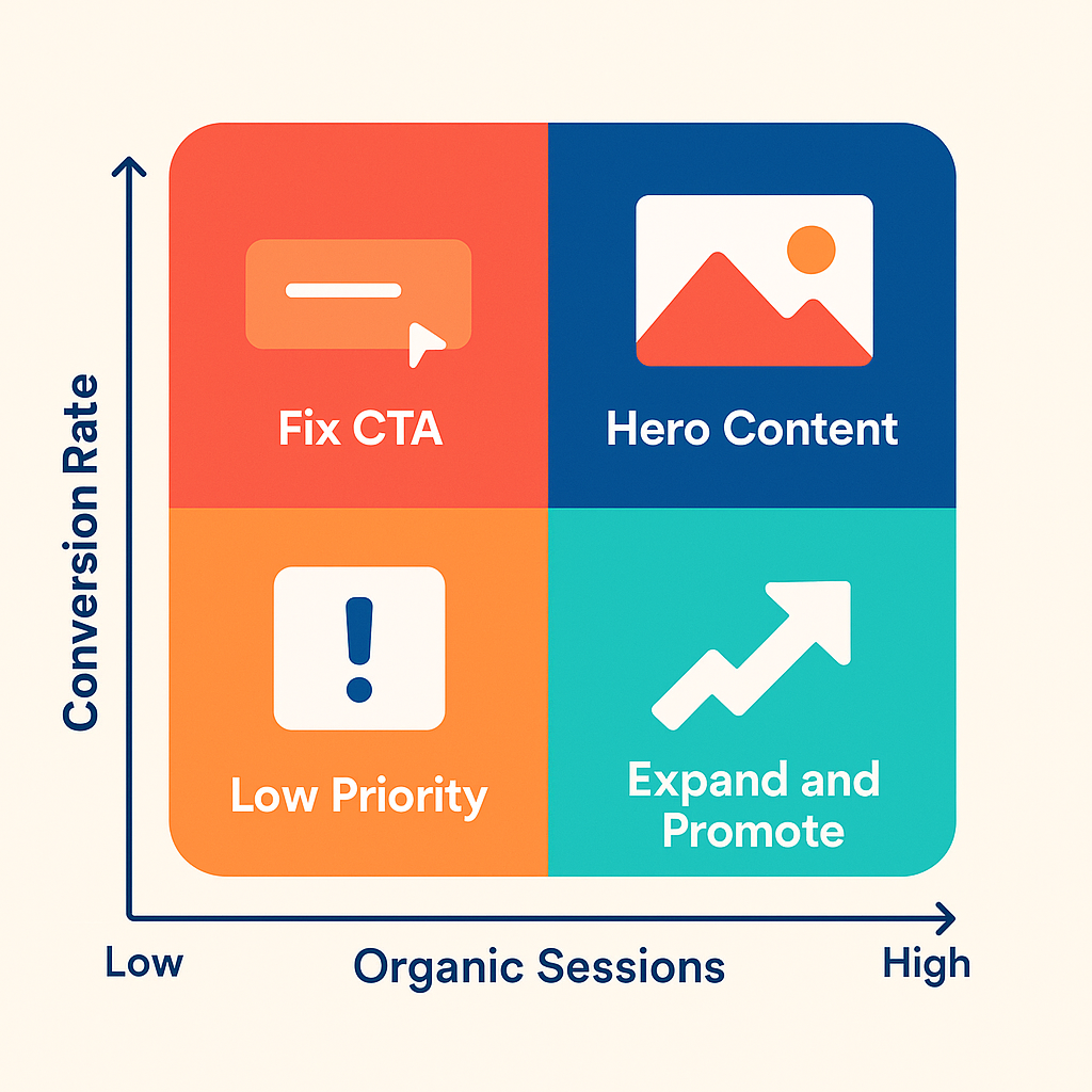 GA4 organic traffic landing page analysis matrix showing four quadrants based on sessions and conversion rate for content decision-making