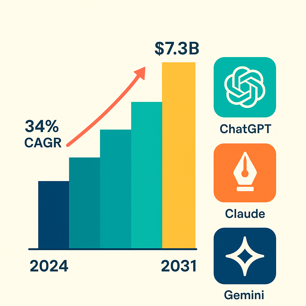 Infographic showing generative engine optimization market growth from 2024 to 2031 at 34% CAGR across major AI search platforms