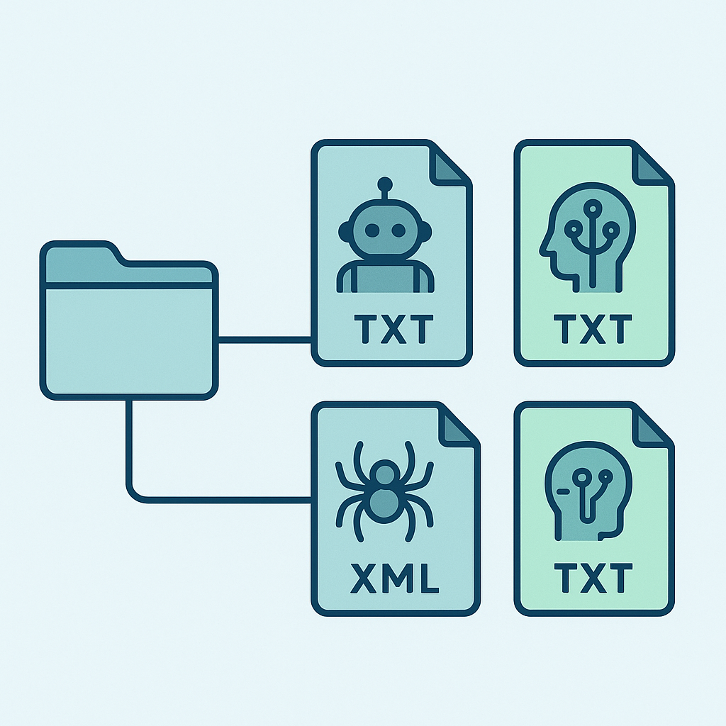 diagram comparing robots.txt, sitemap.xml, and llms.txt files at a website root directory for AI and search engine crawlers