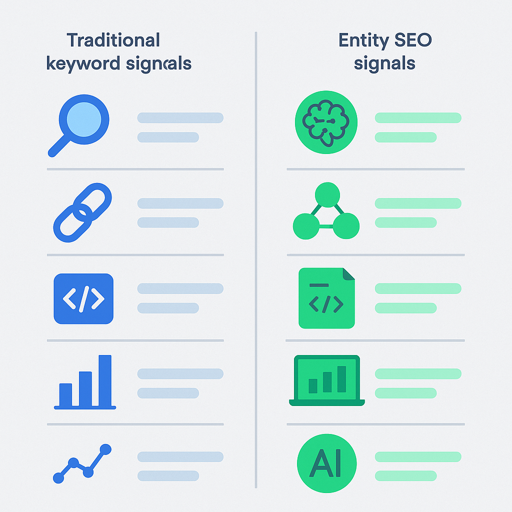 Infographic comparing keyword SEO signals versus entity SEO signals for B2B SaaS content strategy