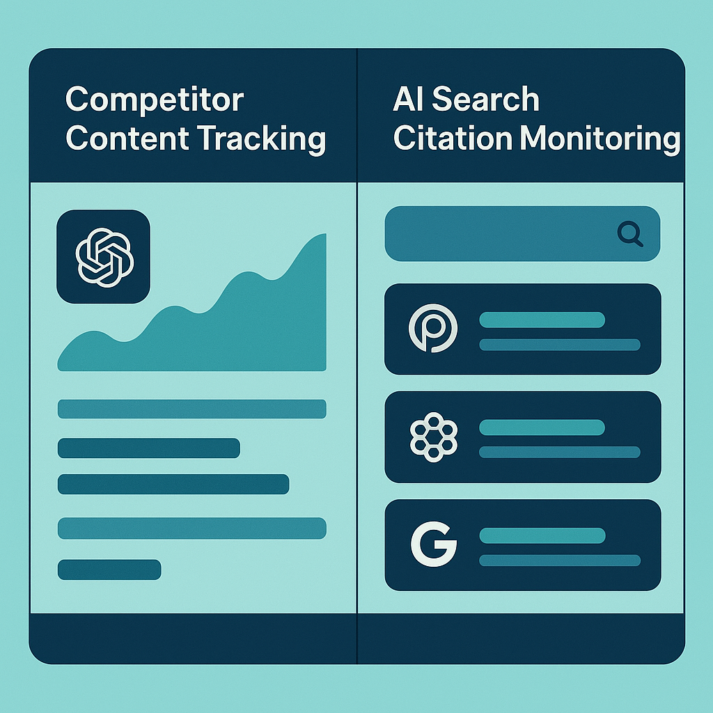 competitor intelligence dashboard alongside AI search citation tracking for startup SEO