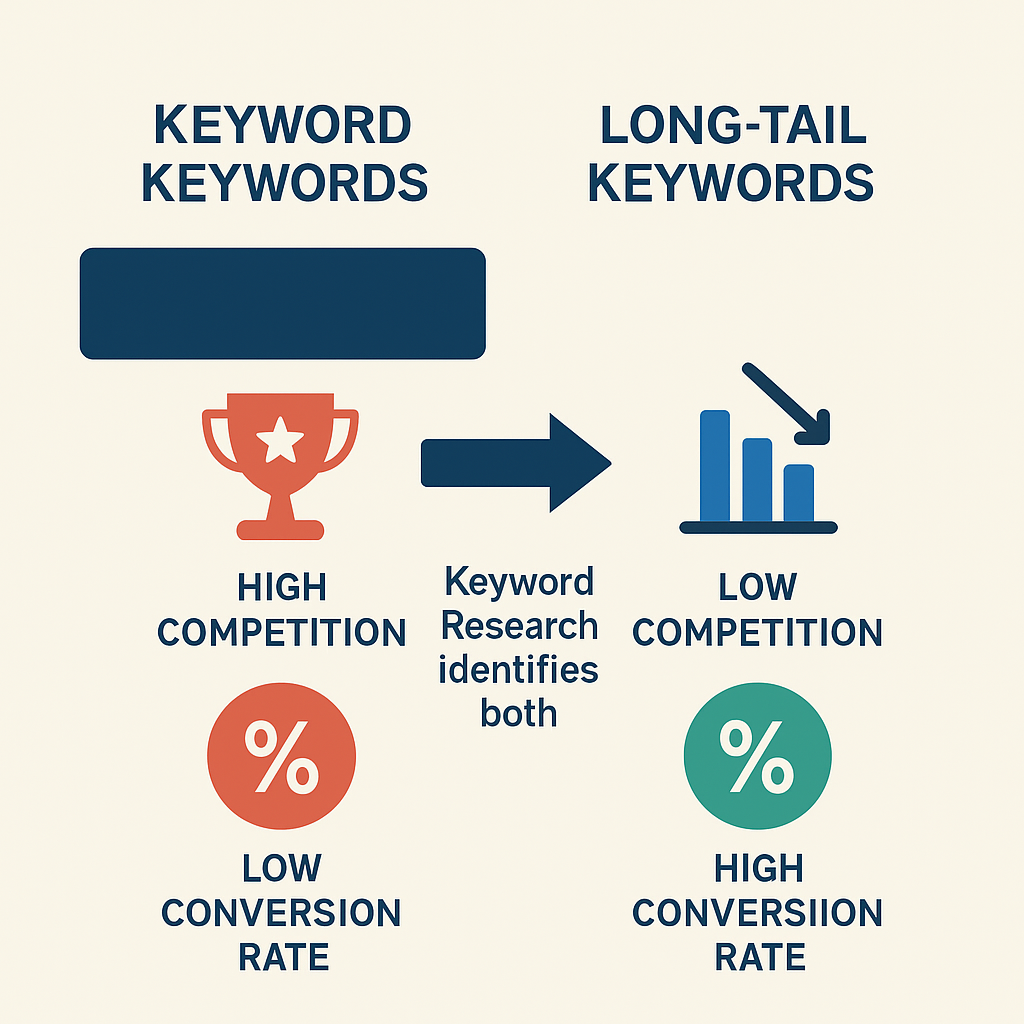 Infographic comparing head keywords versus long-tail keywords by competition level and conversion rate for B2B SaaS SEO strategy