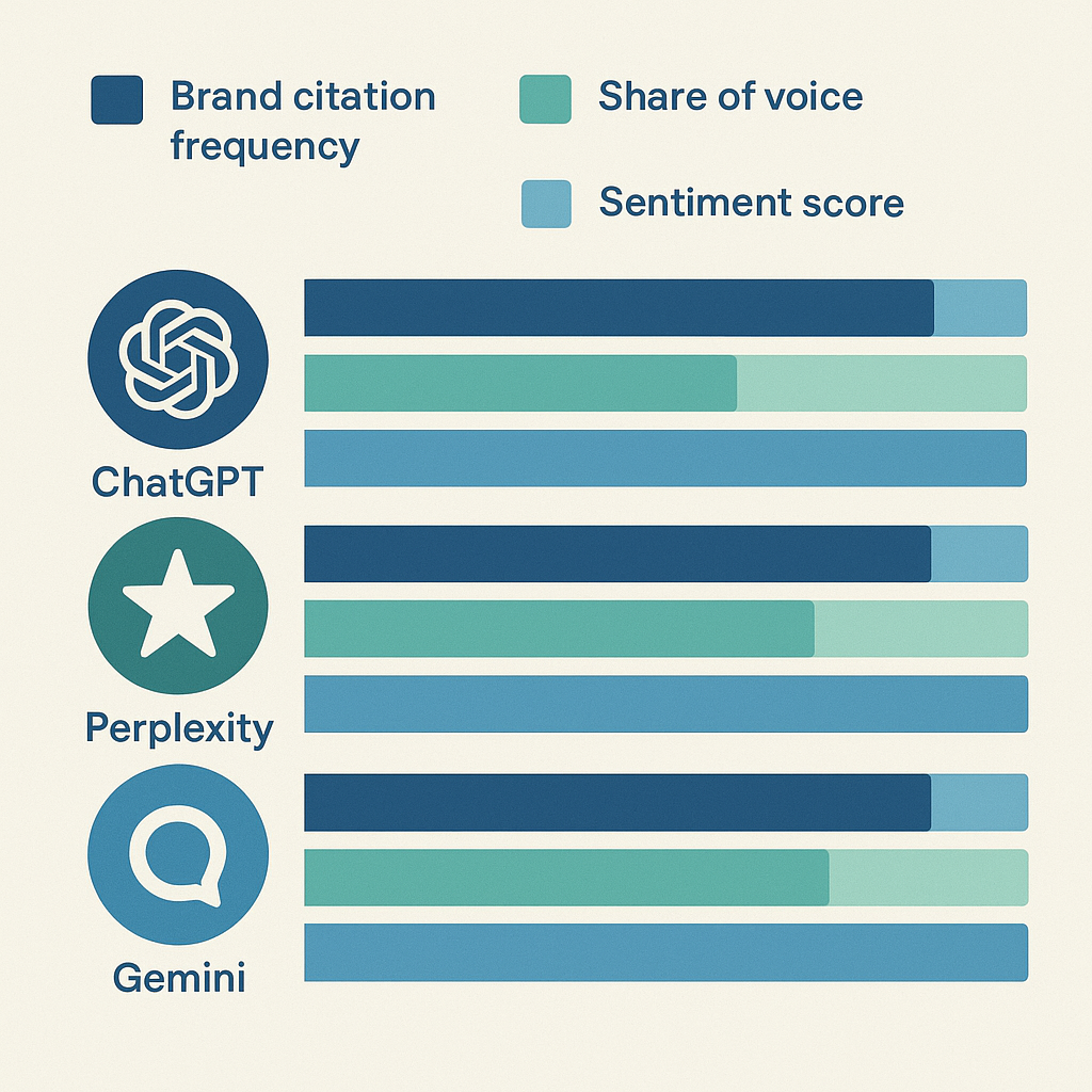 AI visibility tracking dashboard showing brand citation frequency across ChatGPT, Claude, Perplexity, and Gemini