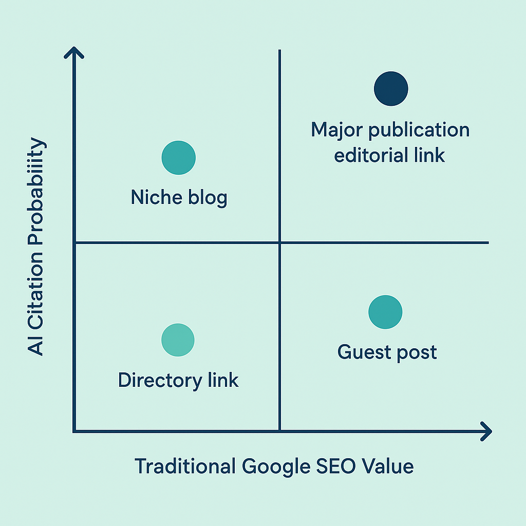 matrix infographic showing traditional SEO value versus AI citation probability for different backlink source types