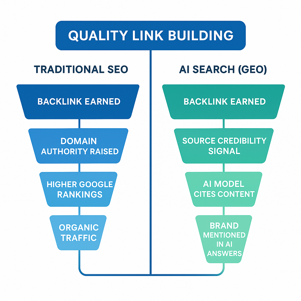 infographic showing how link building drives both traditional Google SEO rankings and AI search citations through parallel mechanisms