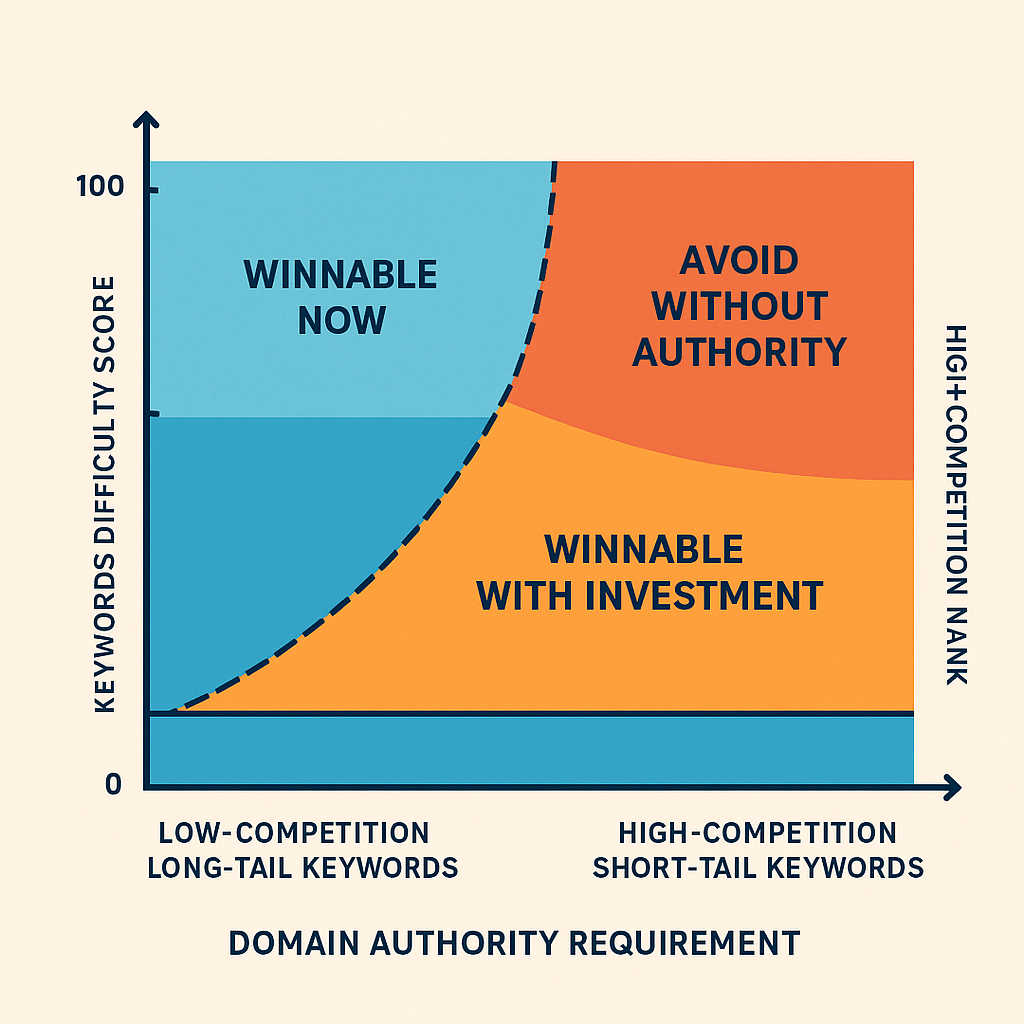 Infographic showing competitive keyword spectrum from low to high difficulty with time-to-rank and domain authority requirements for B2B SaaS