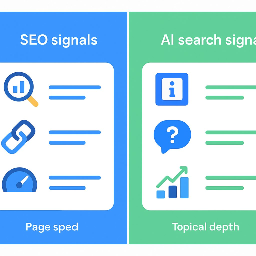 Comparison infographic of traditional SEO ranking signals versus AI search citation signals for GEO optimization