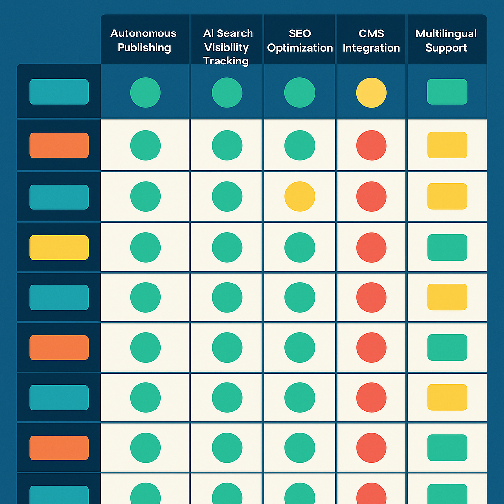 Feature matrix comparing 11 AI powered content generation tools across autonomous publishing, AI search visibility, SEO optimization, CMS integration, multilingual support, and pricing in 2026